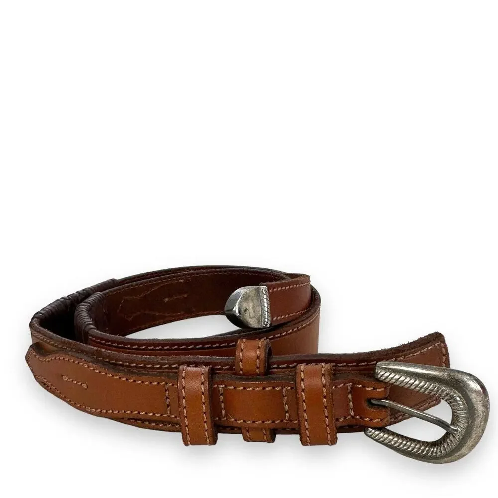Unisex Western Belt Sz S/M 3D Brown Leather Silver Buckle Braided Details